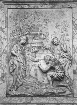 Bild p stenreliefen, Shugborough Hall, frestllande tre herdar och en kvinna vid en stensarkofag.